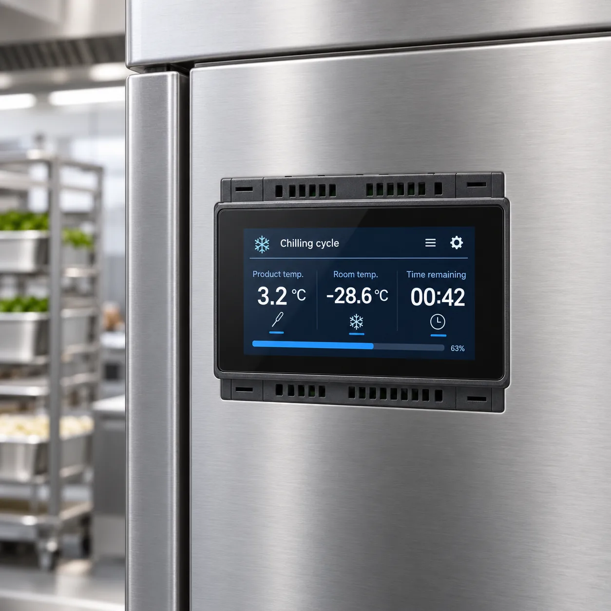 Flush-mounted touchscreen controller showing a blast chilling cycle (concept visualisation)