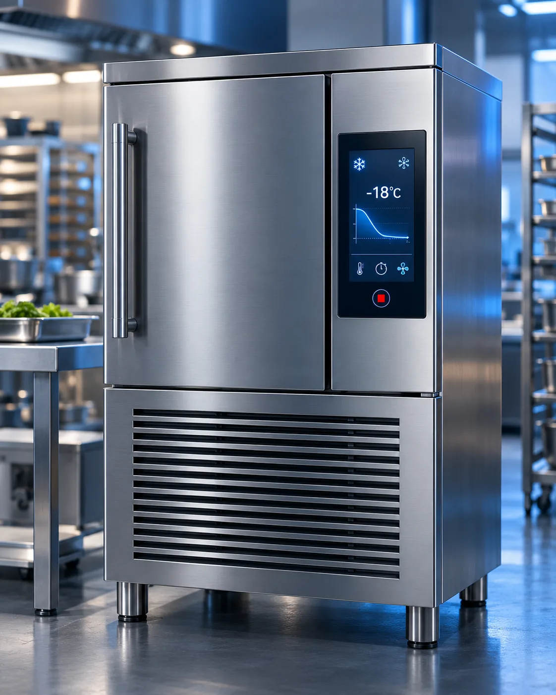 Stainless steel blast chiller with an integrated touchscreen controller (concept visualisation)