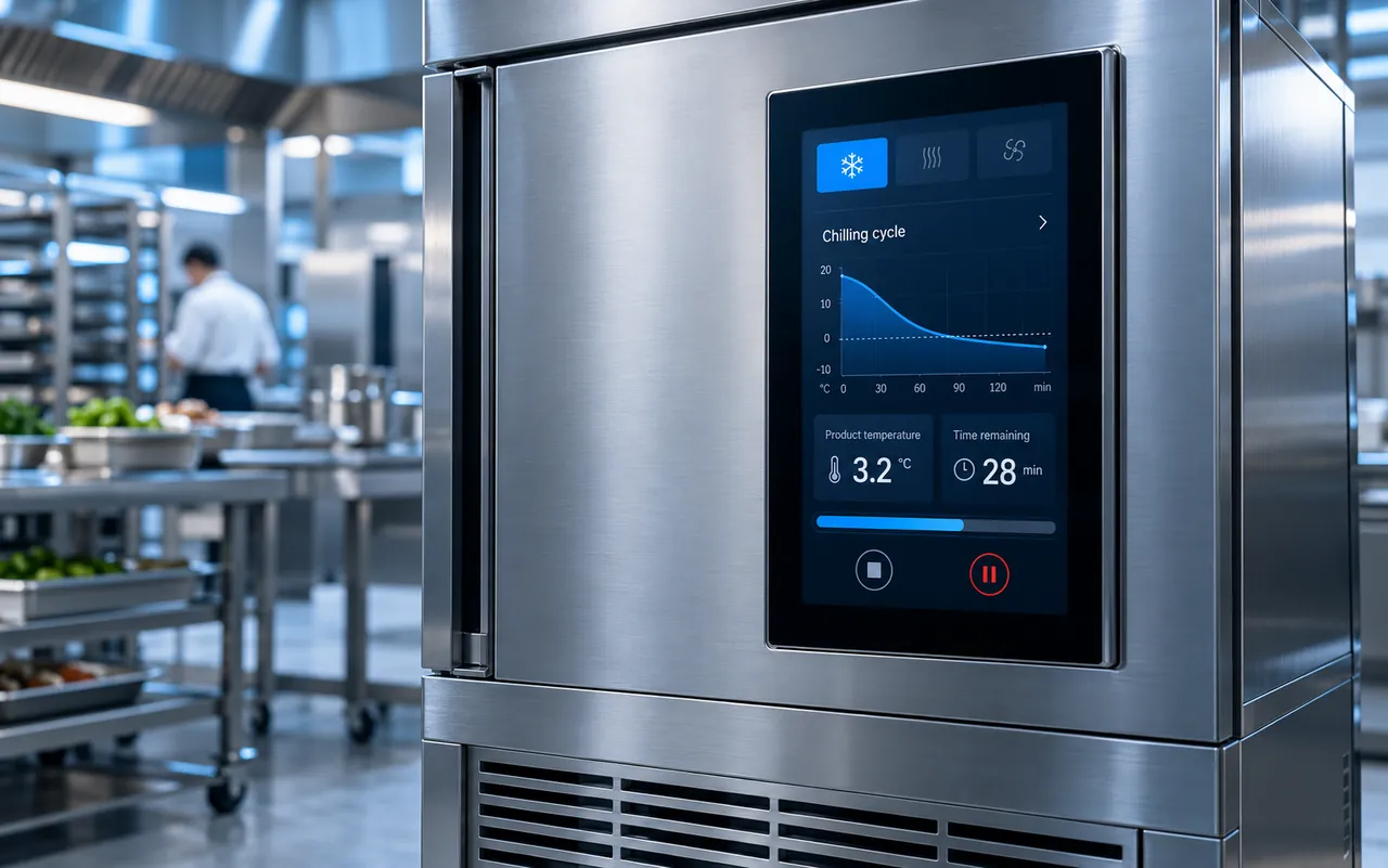Concept visualisation: blast chiller with integrated touchscreen in a professional kitchen