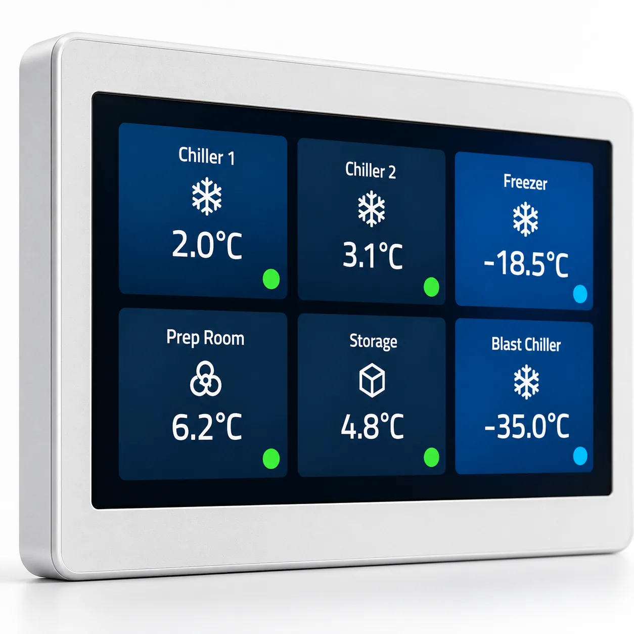 7-inch touchscreen HMI showing six cold room zones with temperatures and status (concept visualisation)
