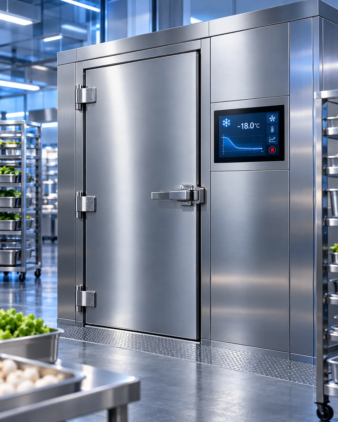 Concept visualisation: touchscreen controller on a stainless-steel cold room