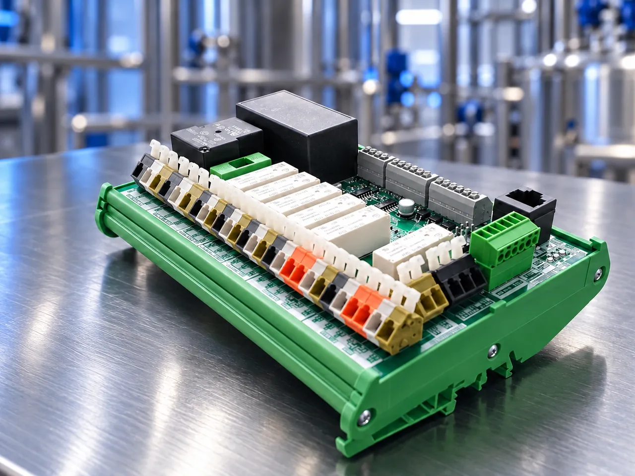 DIN-rail relay control module, rendered from a photo of a Bluesys module