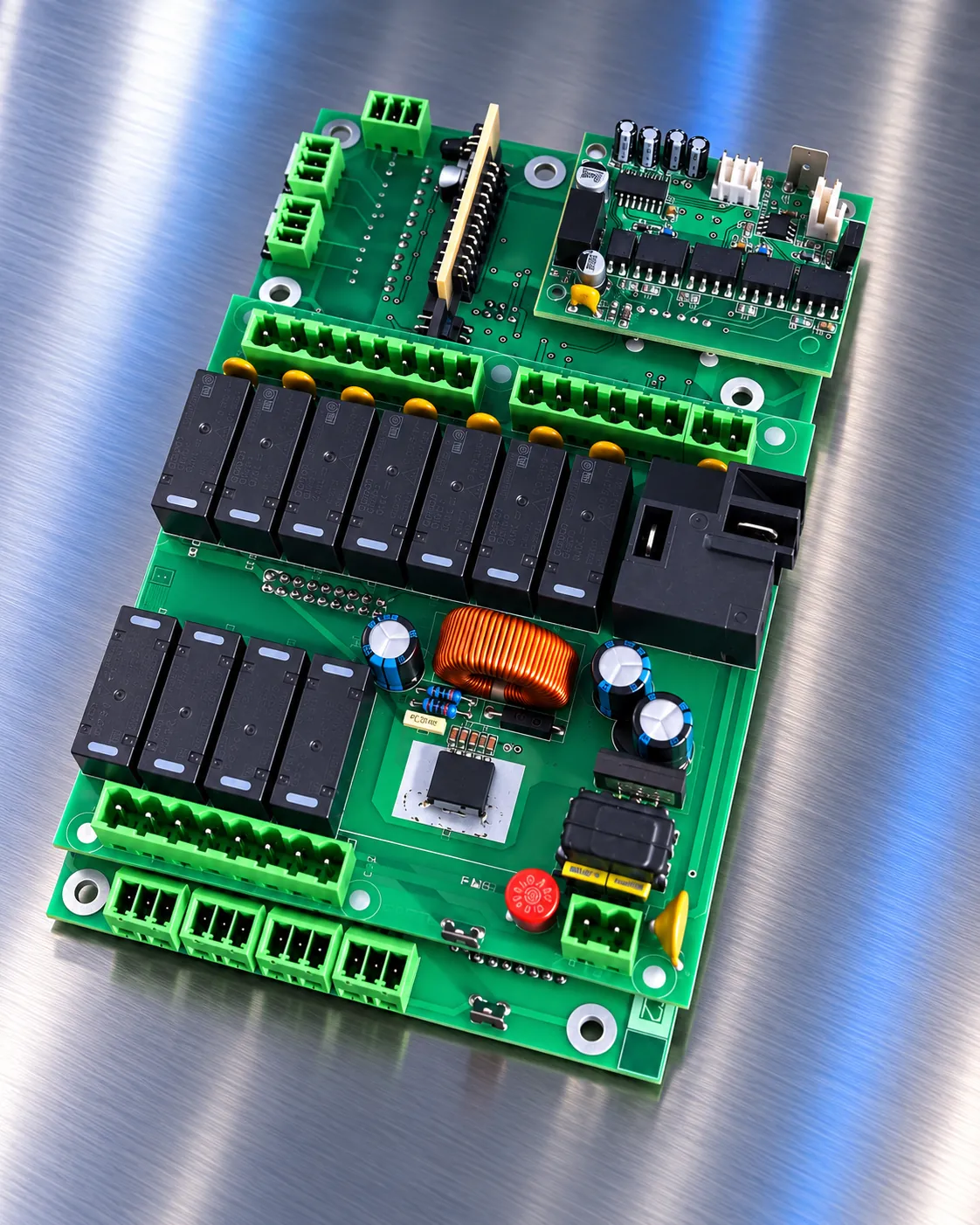 Controller board with relays and terminal blocks, rendered from a photo of a Bluesys board