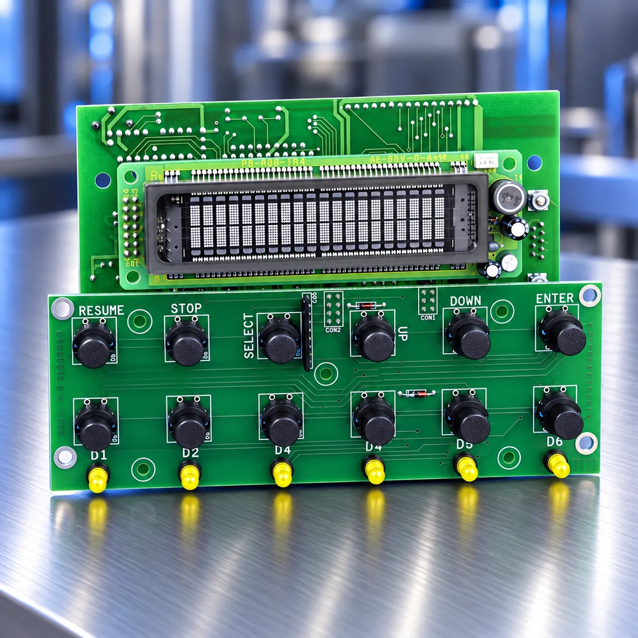 VFD display board and pushbutton keypad board, rendered from a photo of Bluesys electronics