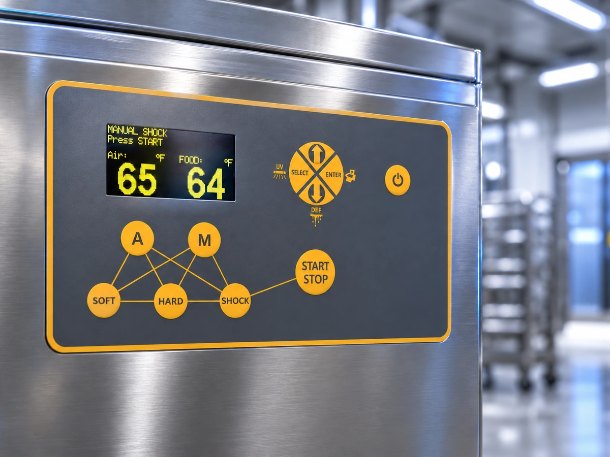 Blast chiller control panel with display, cycle buttons and start/stop on a stainless-steel cabinet.