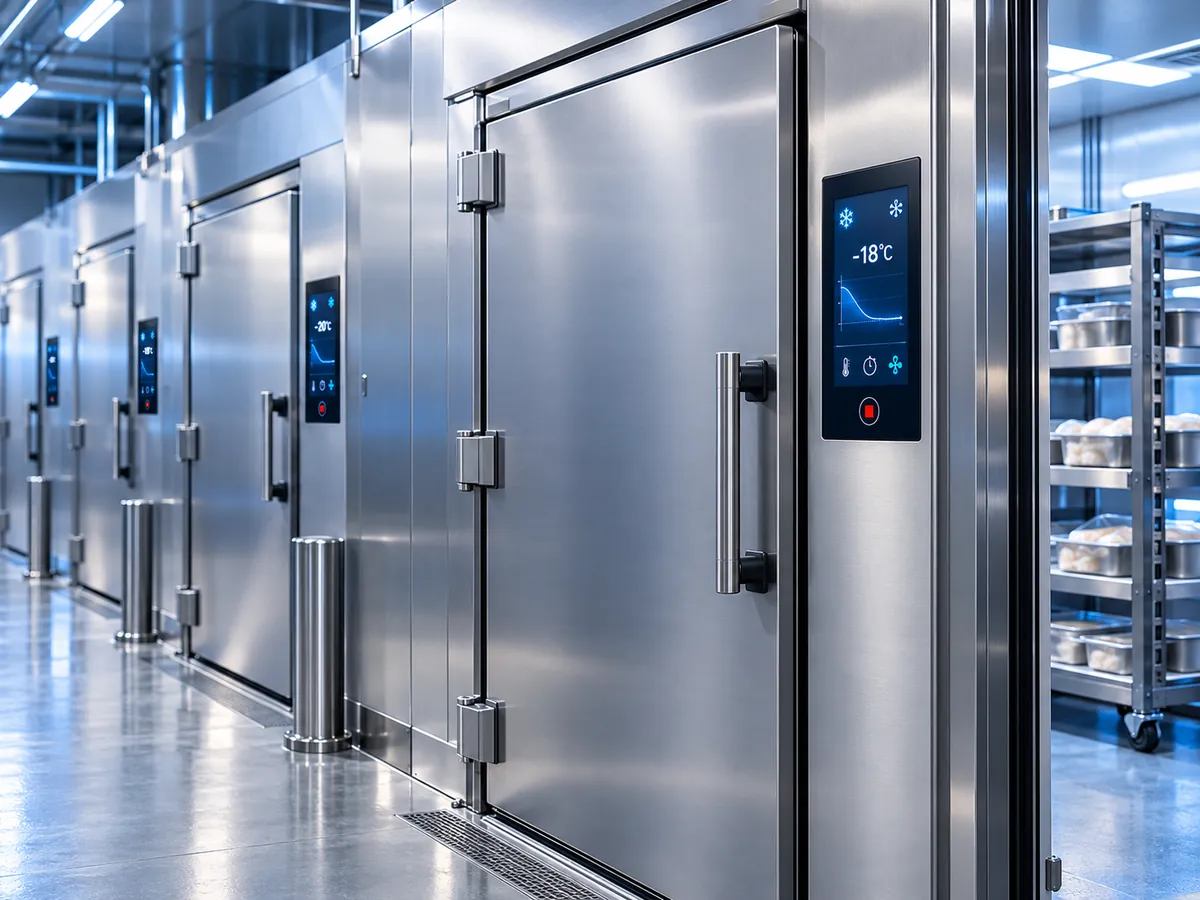 Landscape: row of walk-in cold rooms in a commercial facility, a digital controller visible beside one door.
