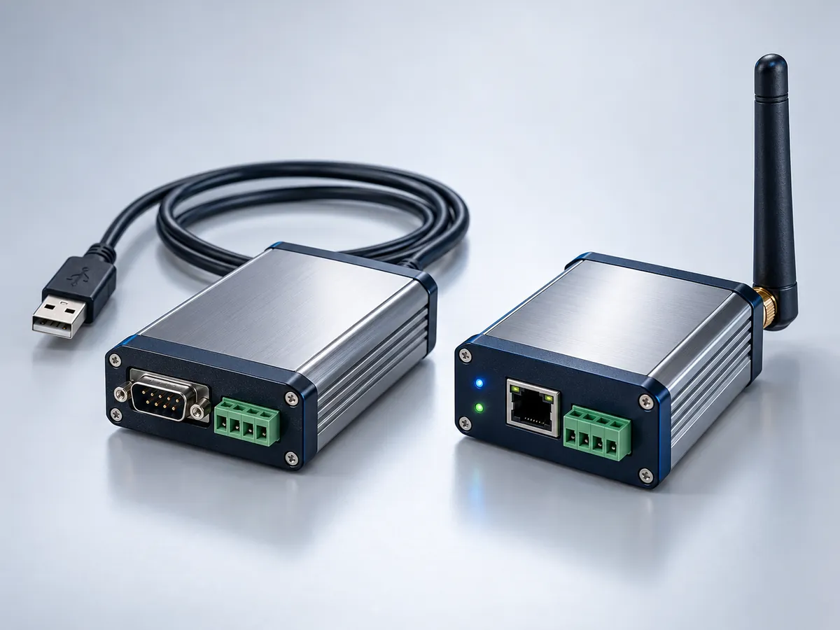 Landscape: two compact serial converters (RS232/RS485 to USB and to Wi-Fi) with cables, on light grey.