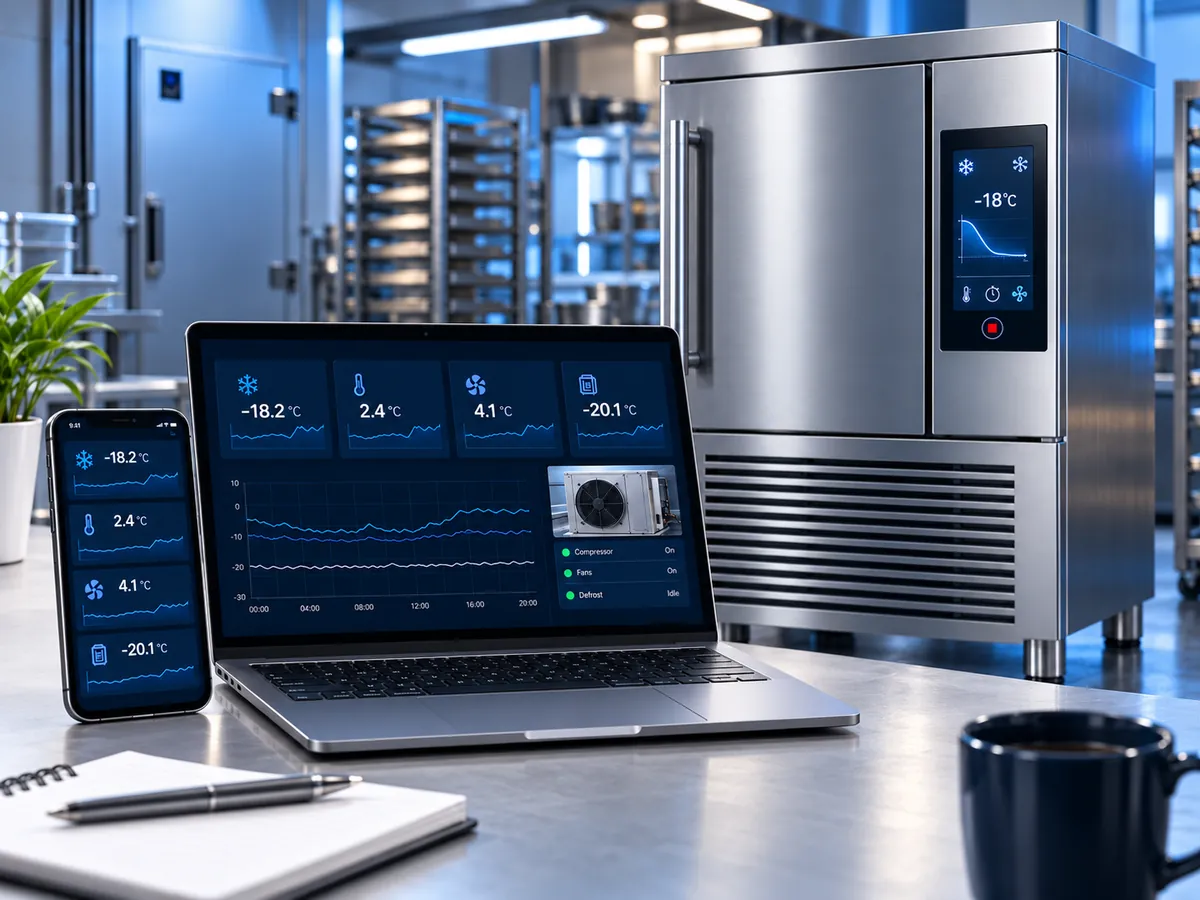 Landscape: laptop and smartphone showing refrigeration monitoring dashboards and alerts, on an office desk.
