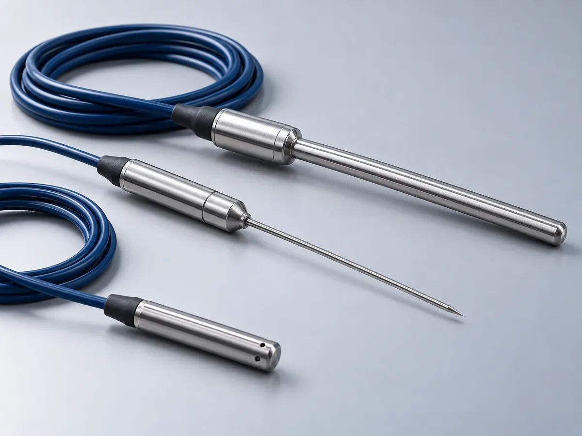 Landscape: set of temperature probes (ambient and core/needle) with cables, on light grey.