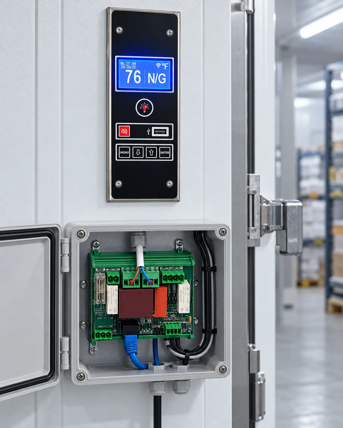 Blue-display door-mounted controller above an open electrical connection box containing the base control board, illustrative installation
