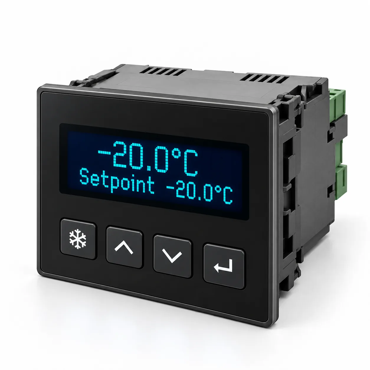 Panel-mount cold room controller with cyan VFD-style display and keypad (concept visualisation)