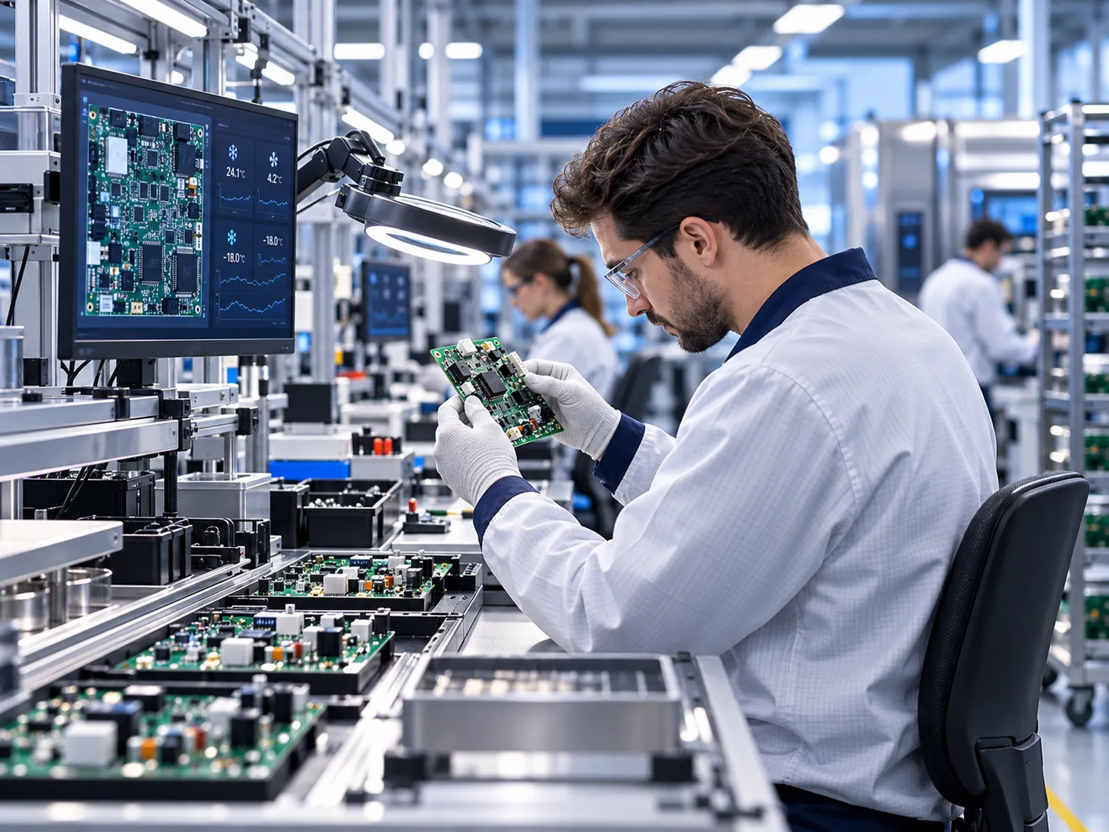 Electronics production line assembling controller boards.