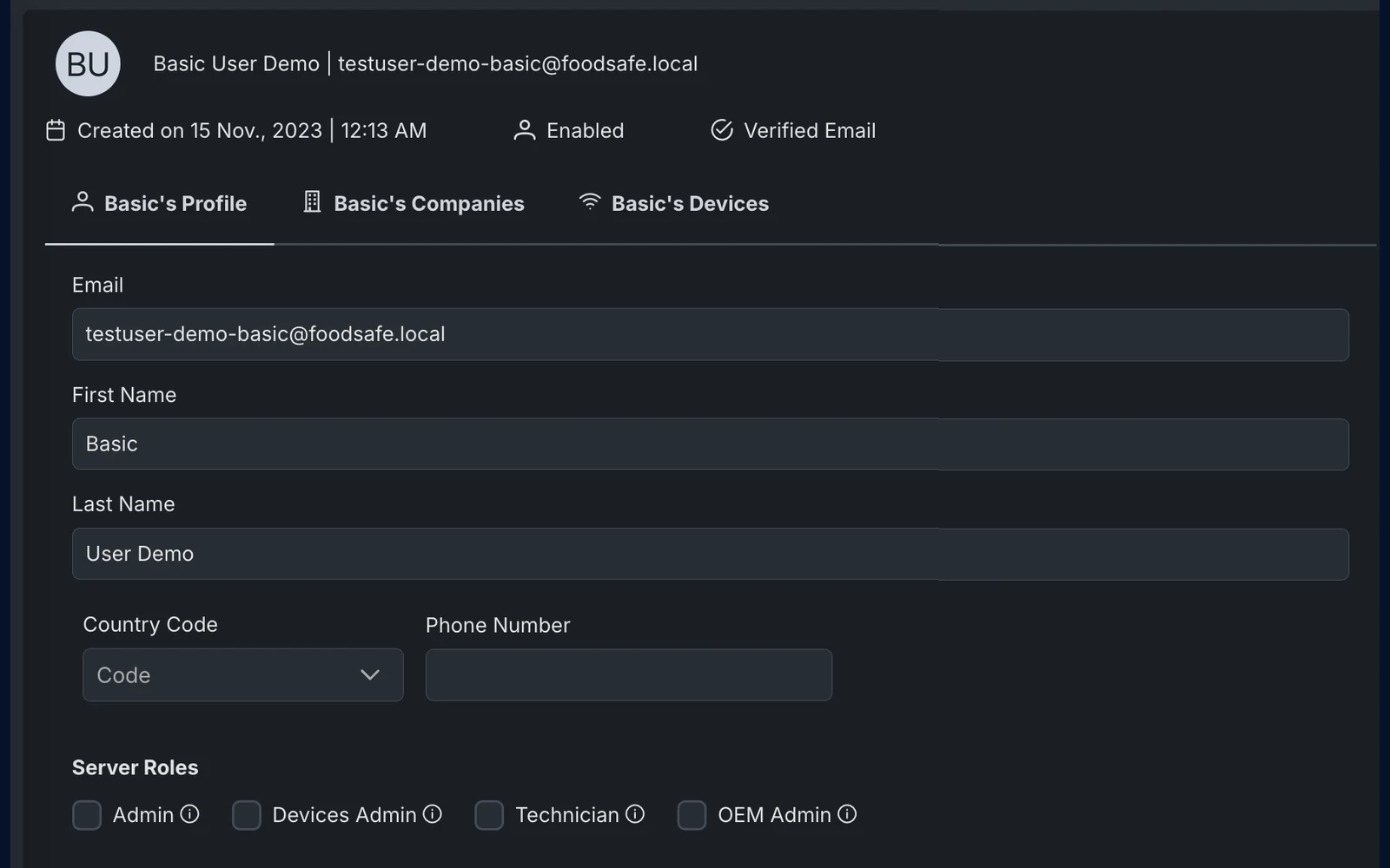 FoodSafe Cloud: administration panel, user profile and roles