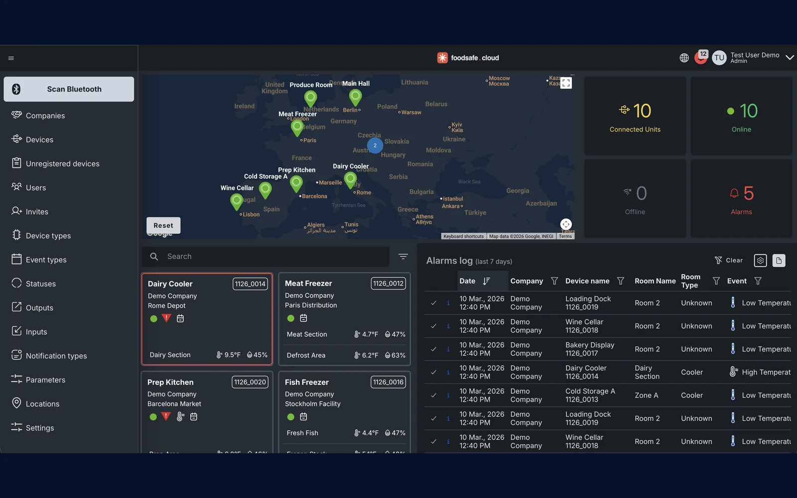 FoodSafe Cloud: global device map with alarm log