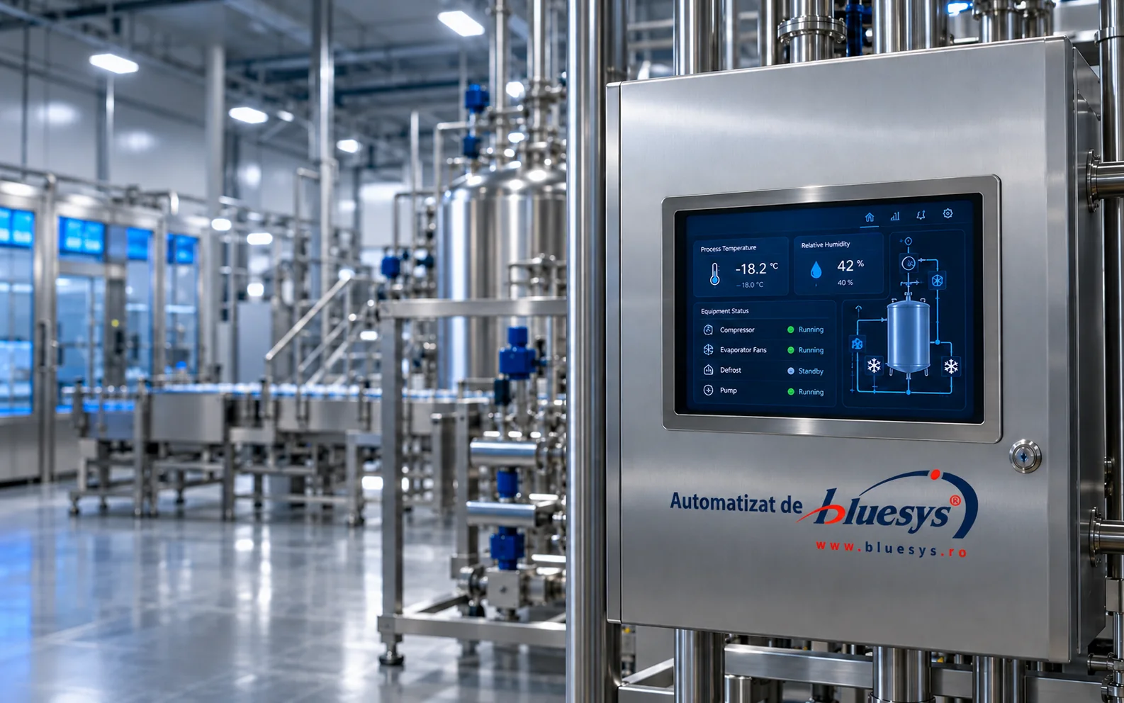 Bluesys touchscreen control cabinet in a processing plant.