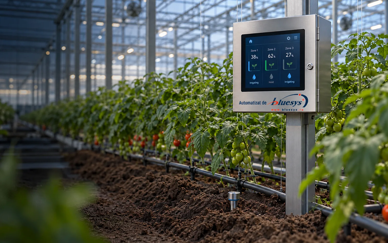 Bluesys irrigation controller with soil moisture sensor in a greenhouse.