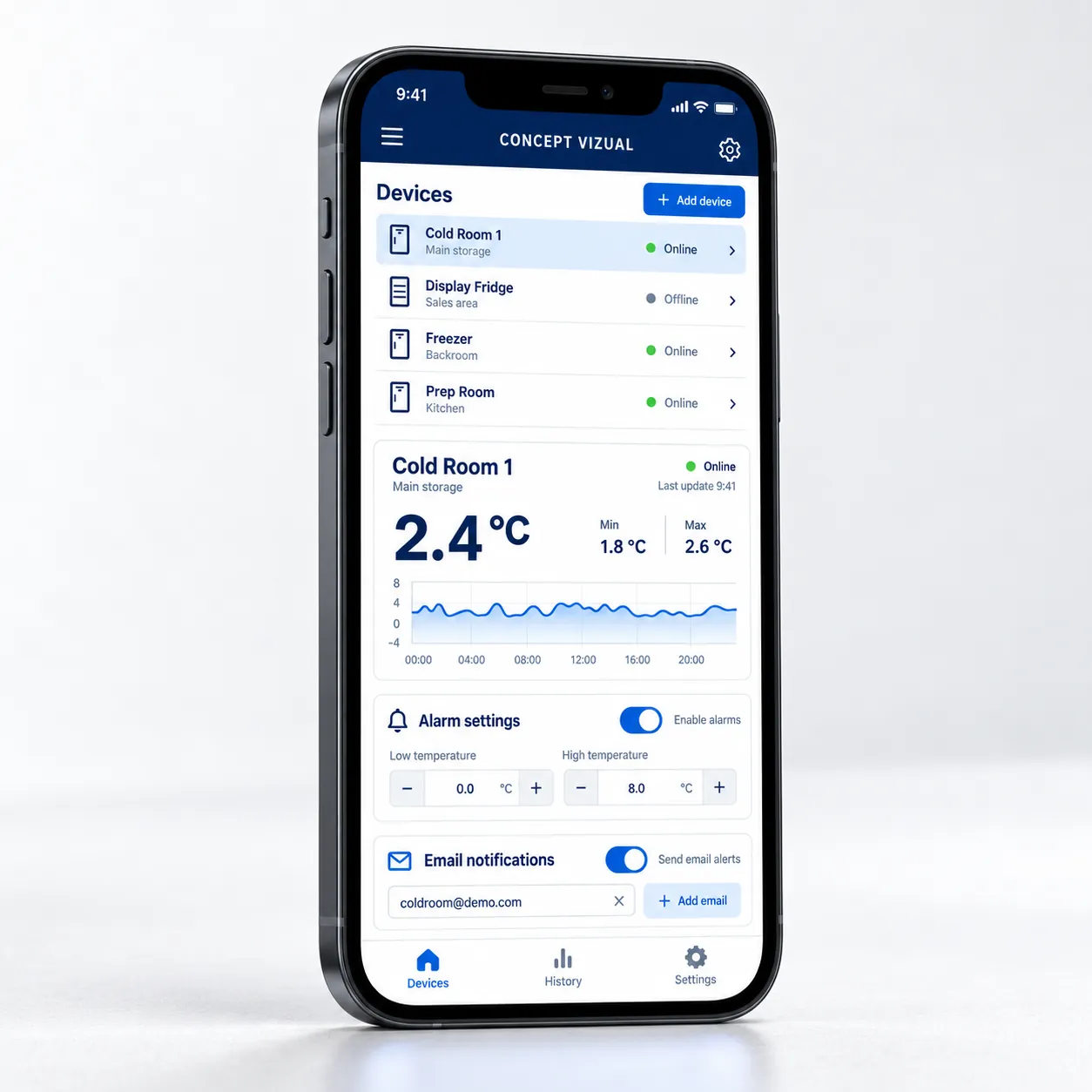 Visual concept: mobile app with device list and live temperature