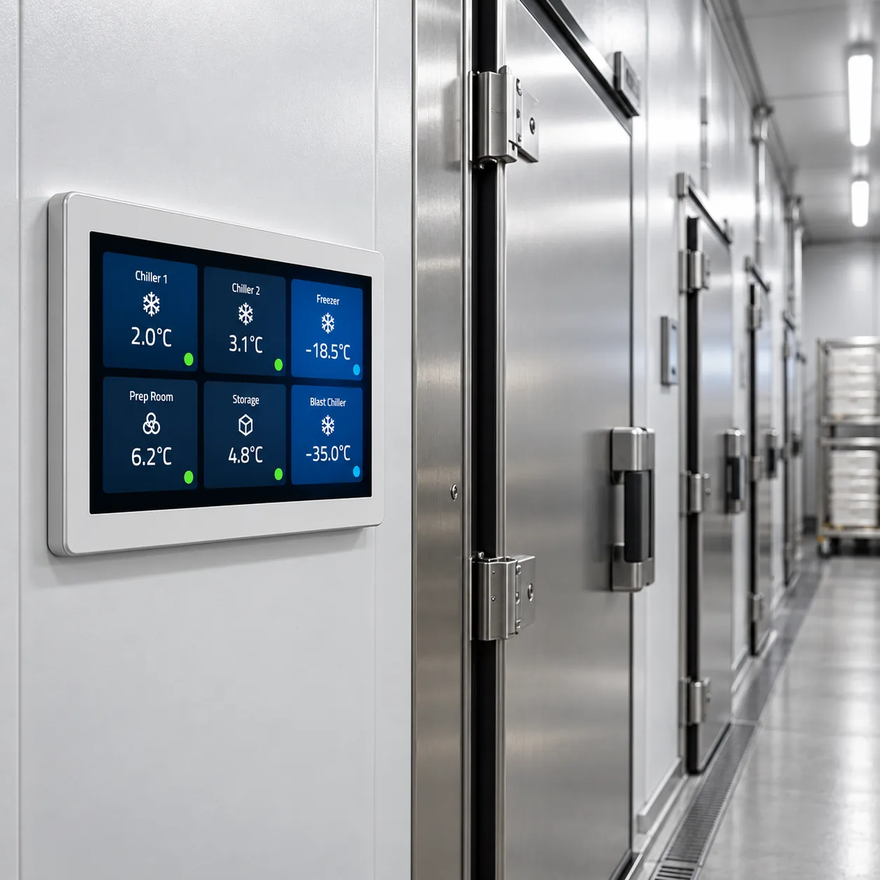 Wall-mounted multi-room temperature monitor next to cold room doors (concept visualisation)