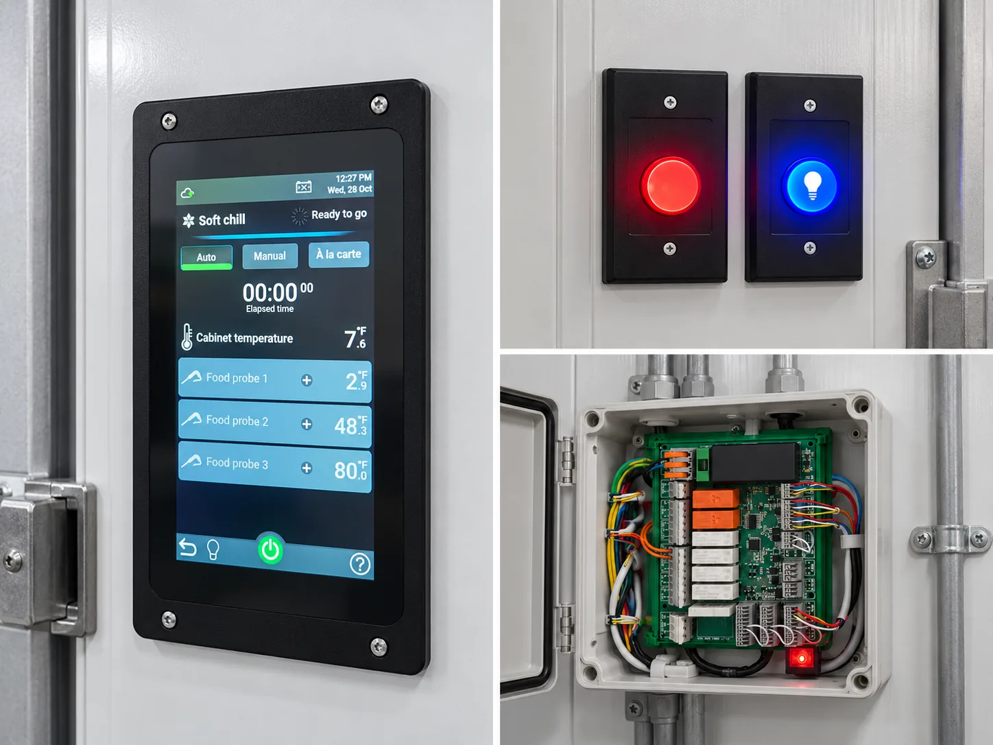 Three-panel concept showing an OEM touchscreen on a cold room door, separated pushbuttons, and an open connection box containing the controller board