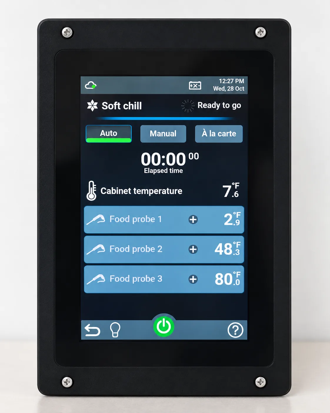 Portrait touchscreen OEM controller showing Soft Chill operating modes and food probe readings; illustrative visual