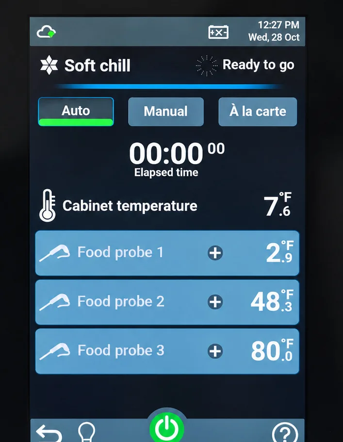 Close-up of a touchscreen OEM refrigeration control interface; illustrative rendering