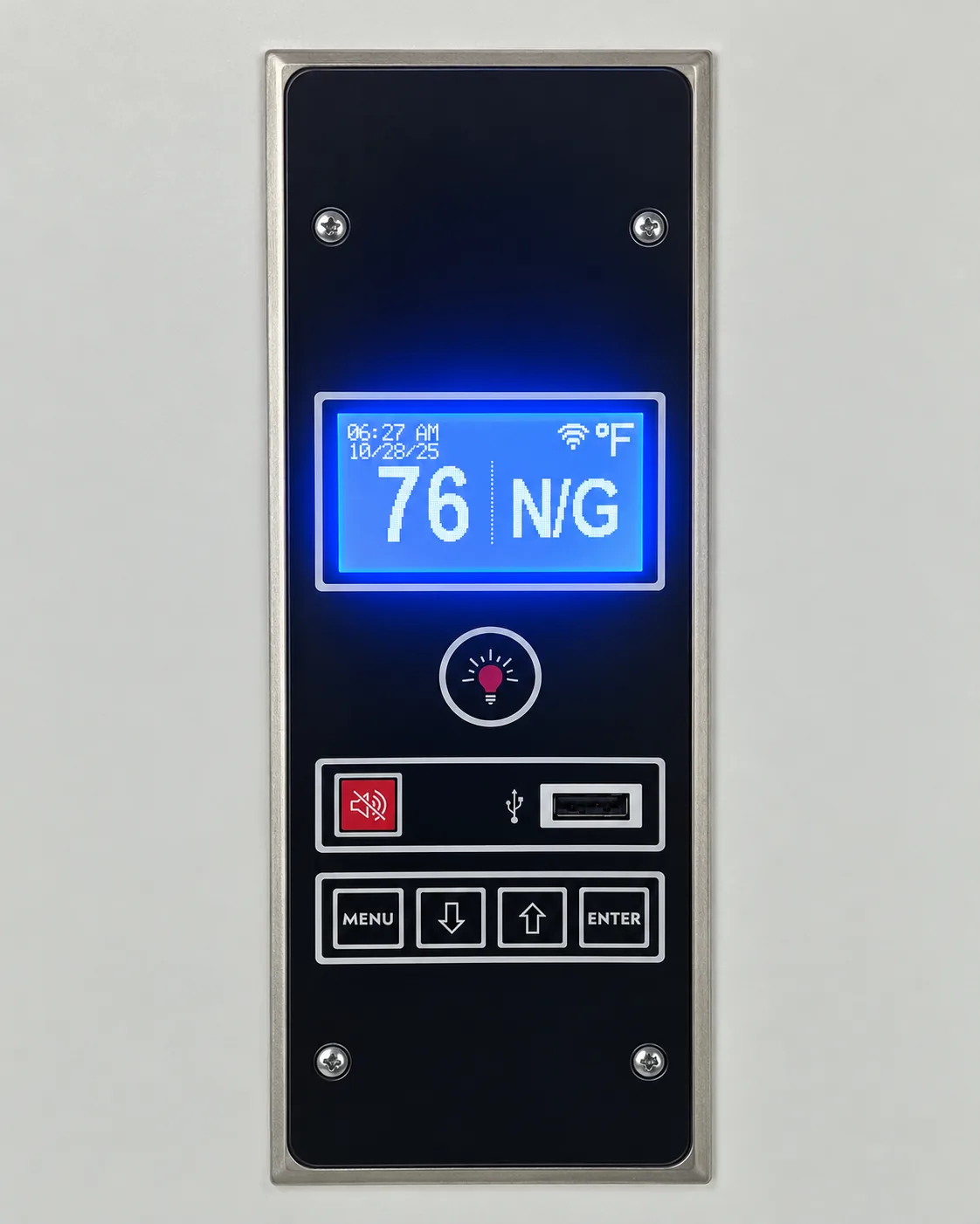 Compact blue-display refrigeration controller with membrane keypad, product-derived illustrative render