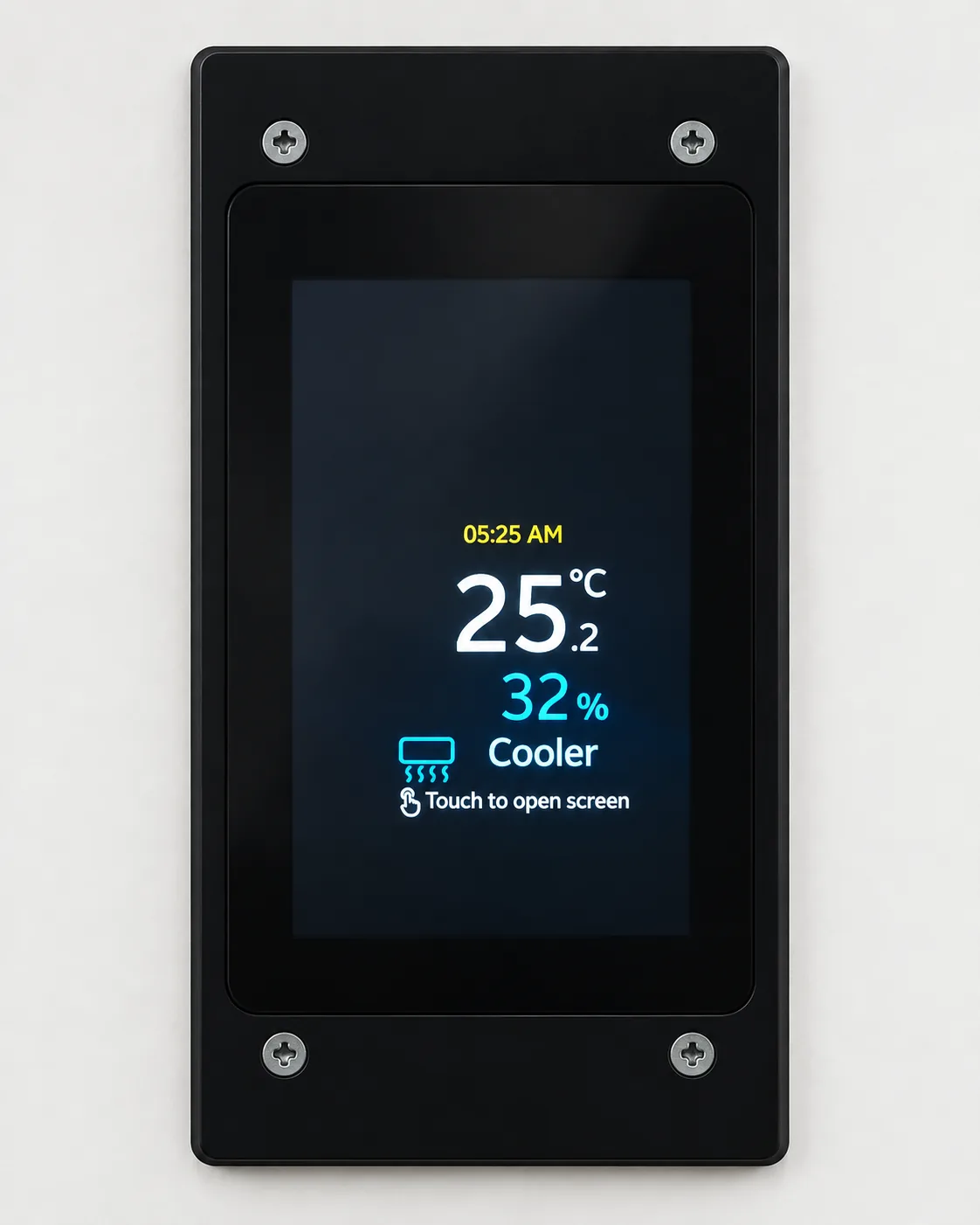 Portrait touchscreen HMI showing cooler status, temperature and humidity; product-based visualisation