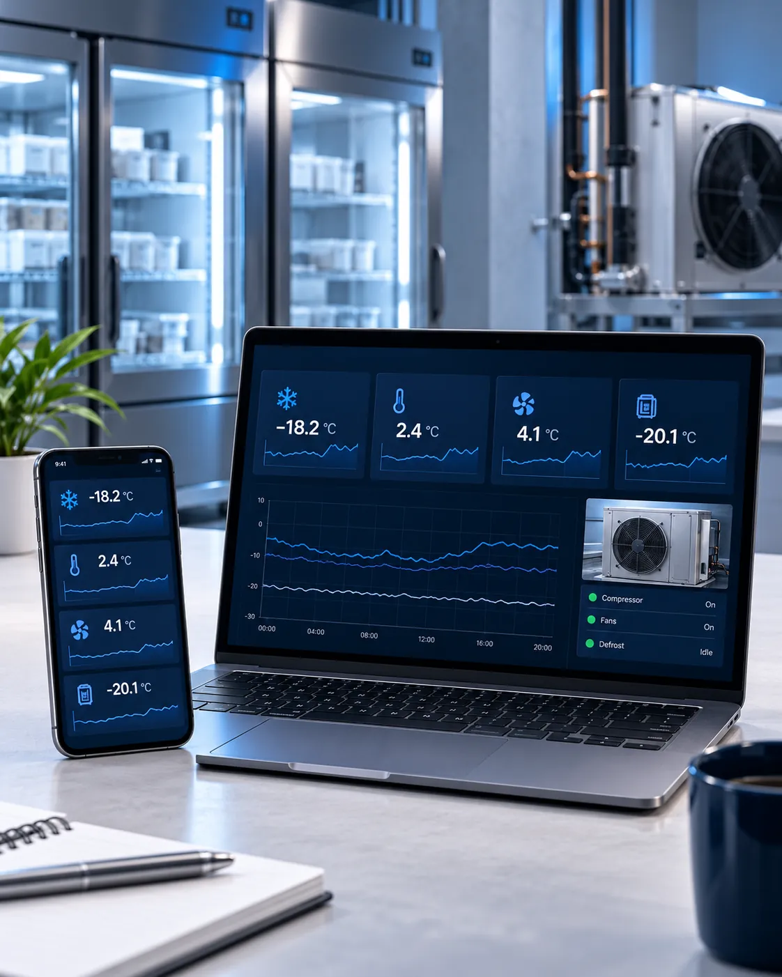 Concept visualisation: remote refrigeration monitoring on a laptop and smartphone
