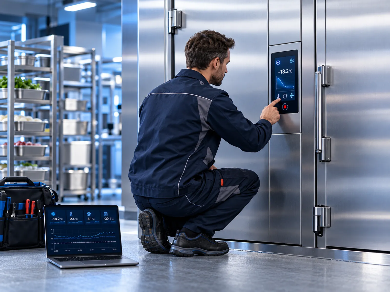 Refrigeration technician commissioning a controller on a walk-in cold room, tool bag and laptop nearby.