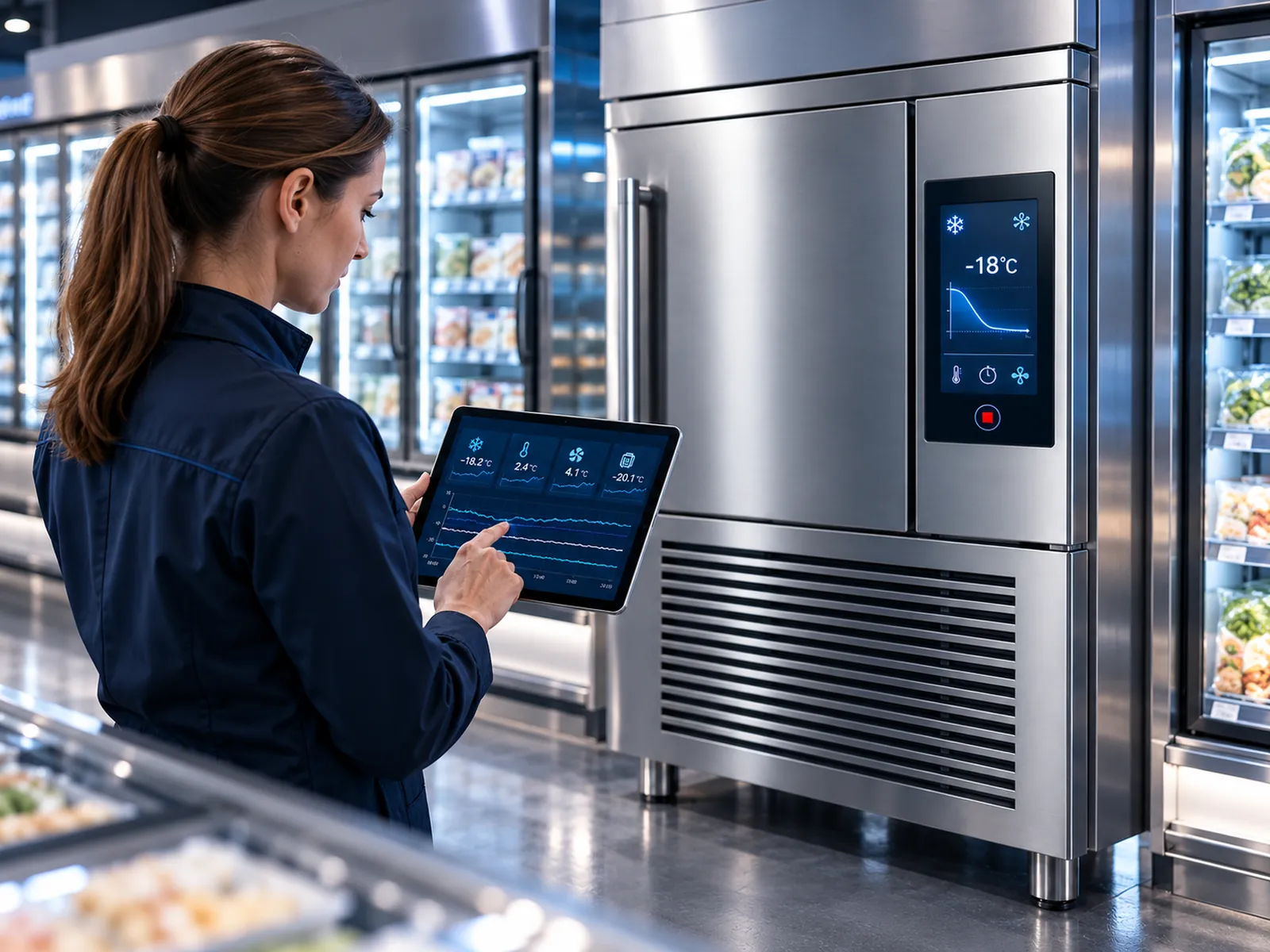 Store manager in a supermarket refrigerated aisle checking temperatures on a tablet; display cases softly lit.