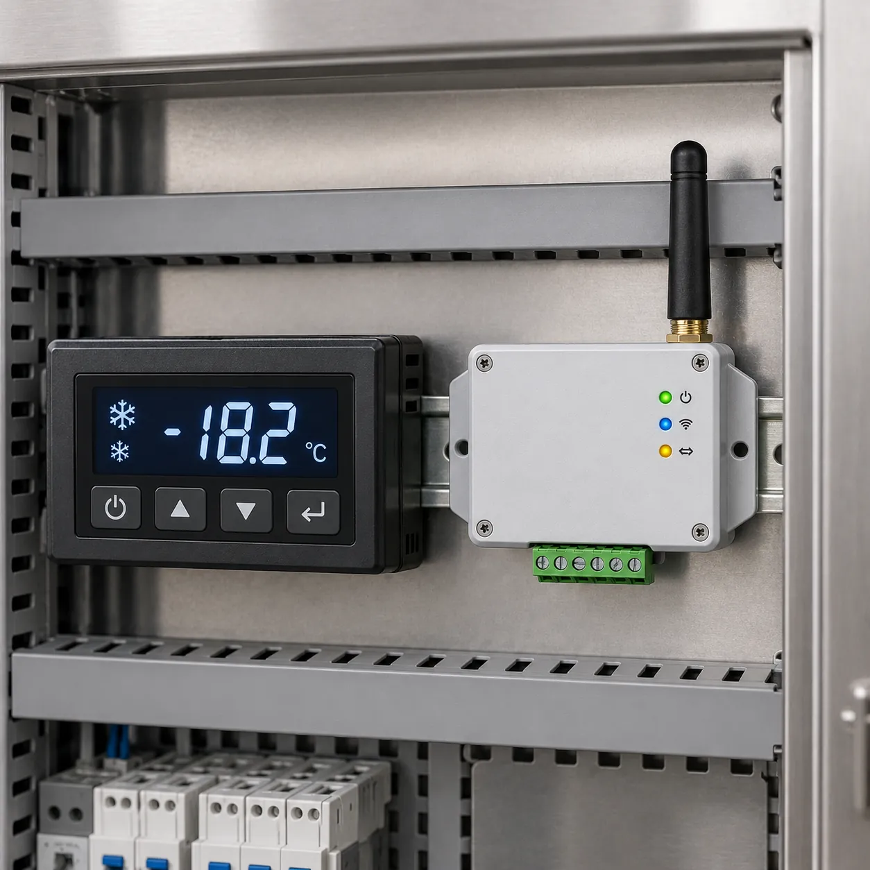 Concept visualisation: Wi-Fi converter installed next to a controller in a refrigeration panel